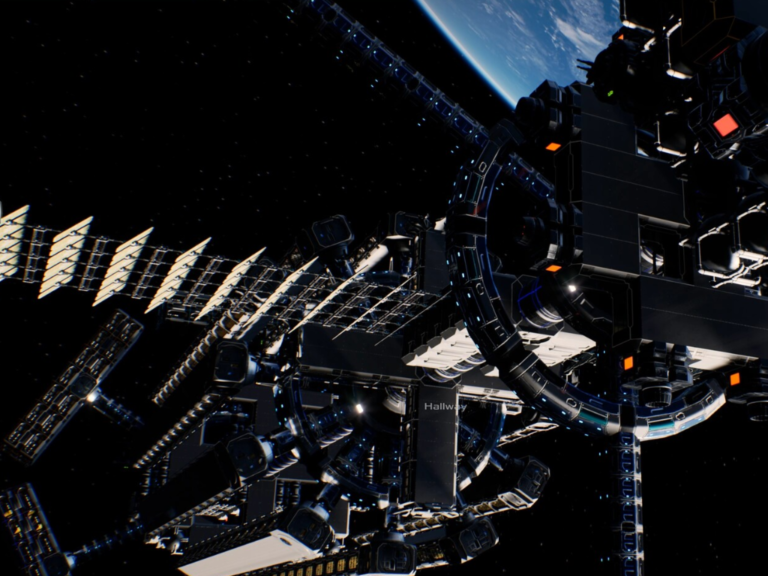 Solargene space-based colony sim gameplay screenshot, featuring a stunning planet landscape with colourful alien flora and fauna, and a bustling space station in the background, with the primary keyword 'space-based colony sim' naturally included