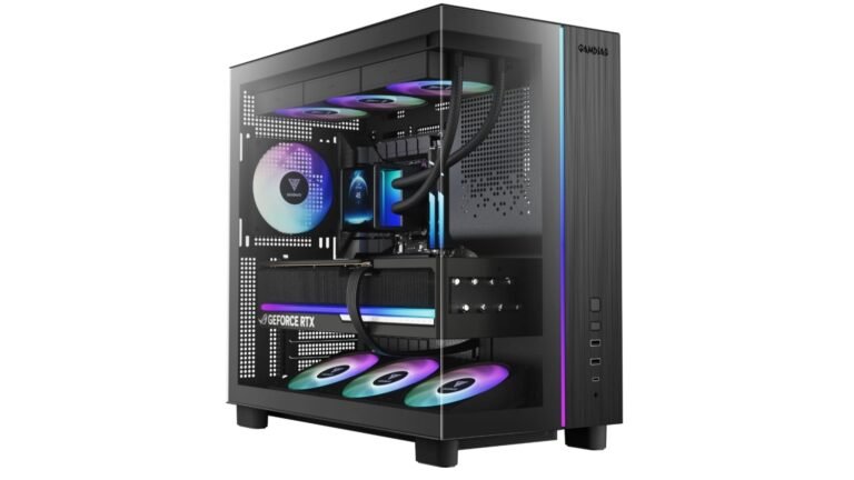 The GAMDIAS ATLAS M4 PC chassis features a sleek and modern design with panoramic views, showcasing the internal components in style, with a front-mounted PSU for convenient access, perfect for those seeking a high-quality and affordable PC setup with innovative design touches